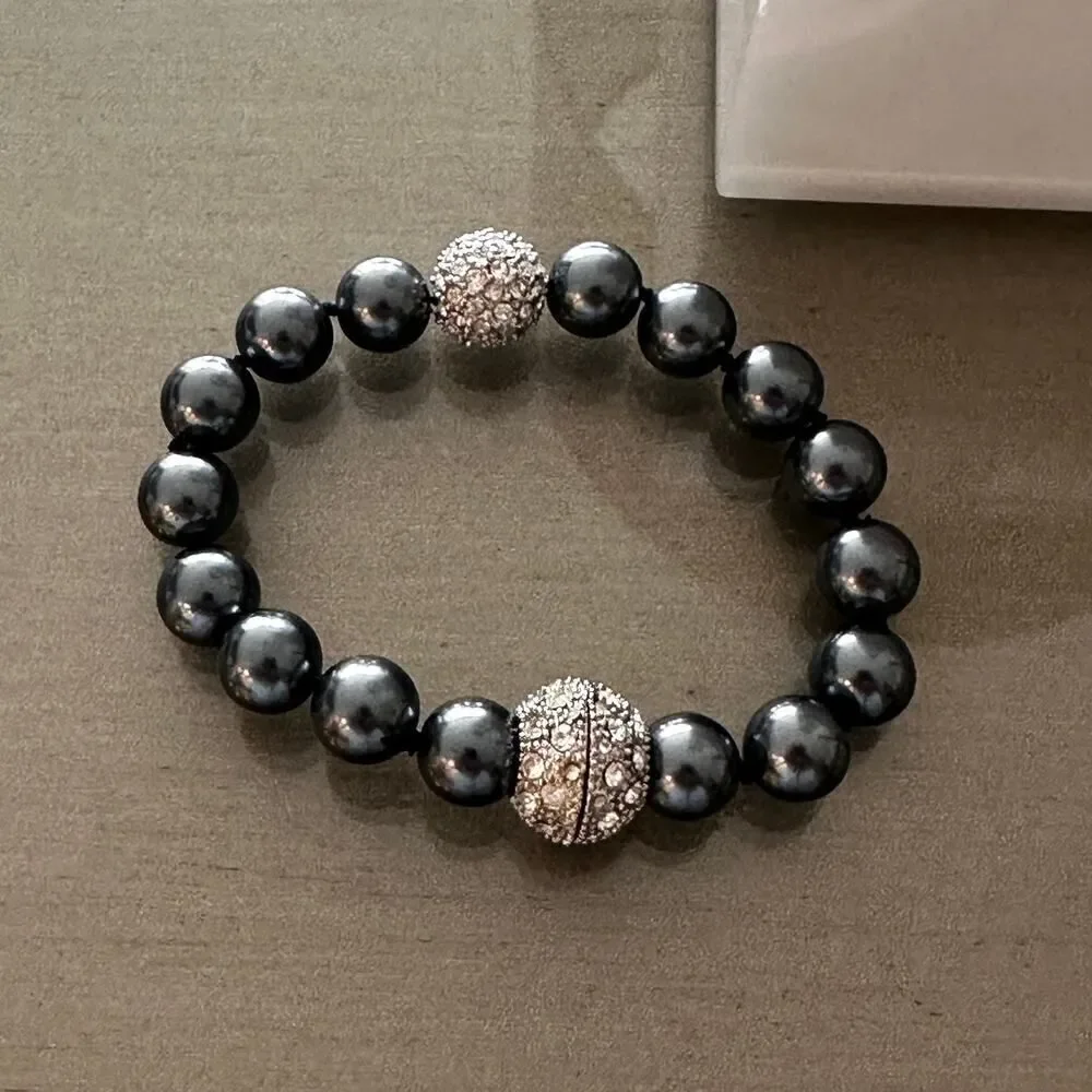 Gray Pearl Pave Ball Crystal Magnetic Close Bracelet